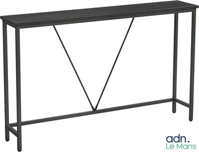 une console en métal noir avec un plateau en bois