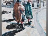 a painting of three people walking down the street