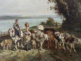 un tableau représentant un homme et une femme avec un troupeau de bovins