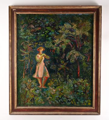 an oil painting of a woman standing in the woods