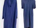 two photos of a blue dress hanging on a hanger