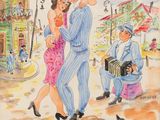 tableau représentant un homme et une femme dansant dans la rue avec un chat