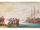 a painting of a group of people on a boat in a body of water