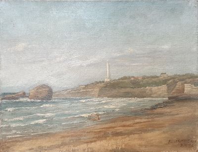 tableau représentant une plage avec un phare au loin et des personnes marchant sur le sable