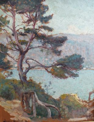 une peinture à l'huile représentant un arbre sur une falaise surplombant un plan d'eau
