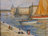 un tableau représentant un groupe de bateaux sur l'eau
