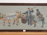 a picture of a painting of a man riding a cow