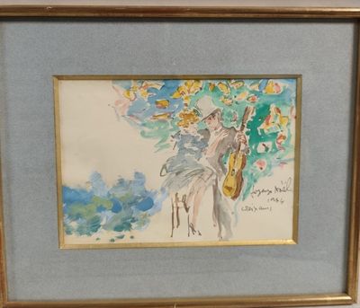 tableau représentant une femme jouant d'un instrument de musique devant un arbre