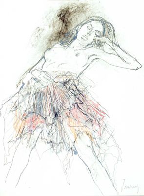 dessin représentant une femme en tutu, avec une tête d'oiseau en arrière-plan
