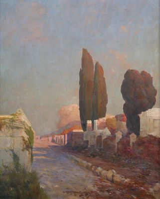 peinture représentant une peinture d'une route avec des arbres et des bâtiments en arrière-plan