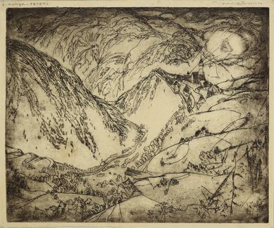 une image représentant un dessin en noir et blanc de montagnes et d'arbres