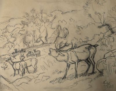 drawing of a group of animals in a field with trees in the background