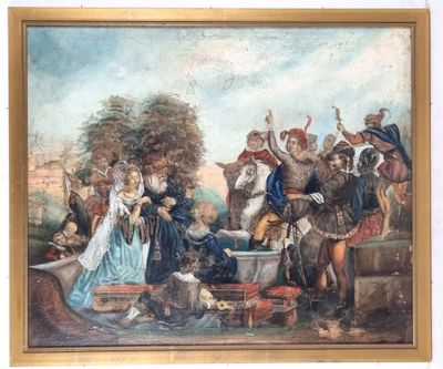 tableau représentant un groupe de personnes rassemblées autour d'un homme à cheval