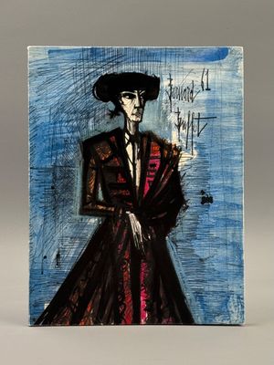 an image of a painting of a woman in a black hat and dress