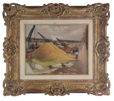 an oil painting of a large pile of sand in a gold frame