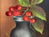 a painting of cherries in a black vase on a table