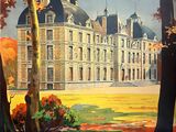 tableau représentant un château de la Loire en automne, avec des arbres au premier plan