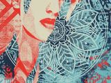 a painting of a woman with red hair and a blue background