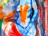 une peinture représentant une femme avec un chapeau bleu et une robe rouge