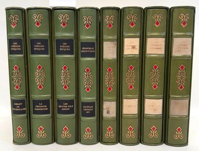 six green books are lined up in a row on a white surface