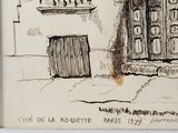 a drawing of a building with a sign on it