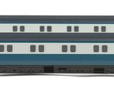 a blue and white train car on a white background