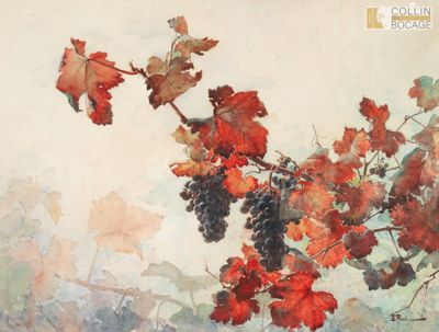 un tableau représentant une grappe de raisin suspendue à un arbre