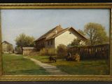 une image représentant un tableau représentant une scène de vie à la ferme avec une vache et une maison