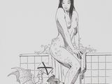 dessin représentant une femme assise sur un banc à côté d'un dragon