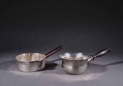 une paire de casseroles en argent avec des poignées en bois sur fond gris