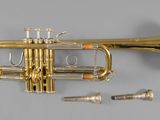 a trumpet that is sitting on a table next to some screws