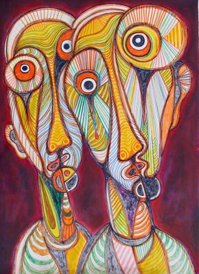 painting of two faces with different colored lines and shapes