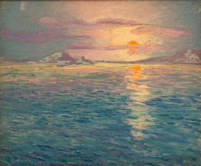 une peinture à l'huile représentant un coucher de soleil sur une étendue d'eau