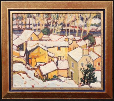 an image of a painting of a village in the snow