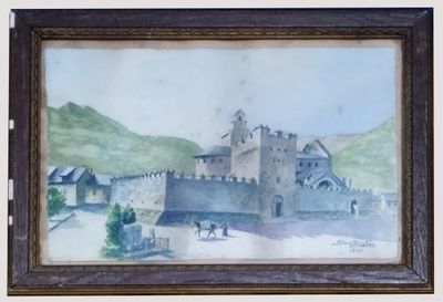 une photo d'un tableau représentant un château accroché au mur