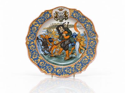 une assiette avec l'image d'un homme à cheval