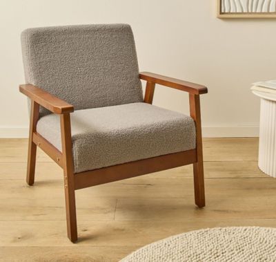 Fauteuil vintage SHERPA en tissu bouclette gris clair -dimen…