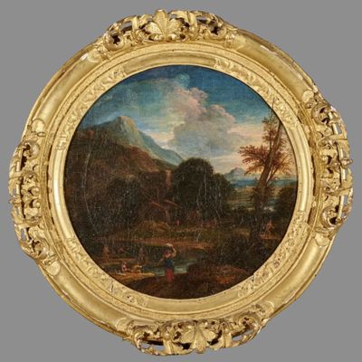 une image représentant un tableau représentant un paysage avec une rivière et des montagnes
