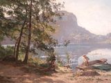 a painting of two people sitting on a boat by the water
