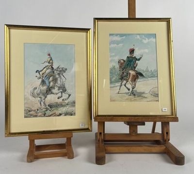 deux tableaux représentant des hommes à cheval, posés côte à côte sur des chevalets