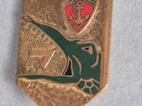a gold pin with a green and red emblem on it