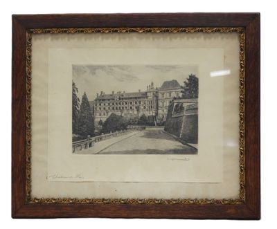 an old picture of a picture of a building in a frame