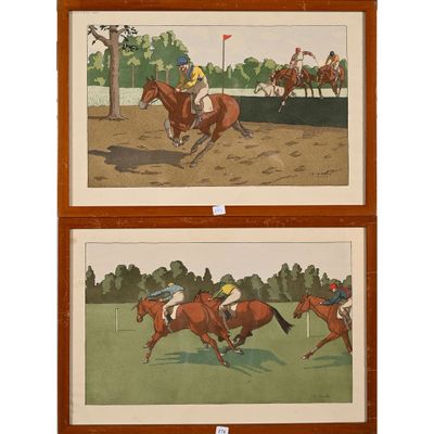 deux photos encadrées représentant des jockeys et des chevaux en pleine course sur une piste