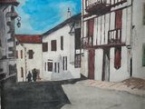 peinture d'une scène de rue avec des bâtiments et une personne marchant dans la rue