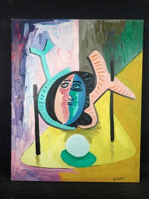 tableau représentant une femme avec un couteau et une fourchette posés sur une table