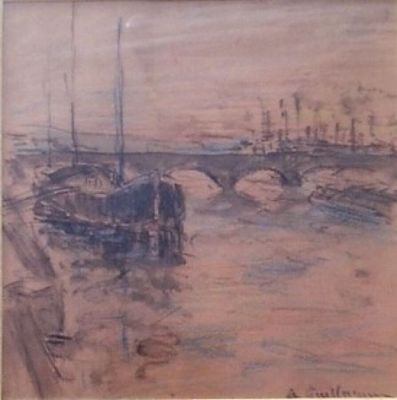 drawing of a painting of boats in a harbor with a bridge in the background