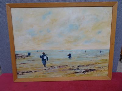 painting of people walking on the beach with surfboards in the water