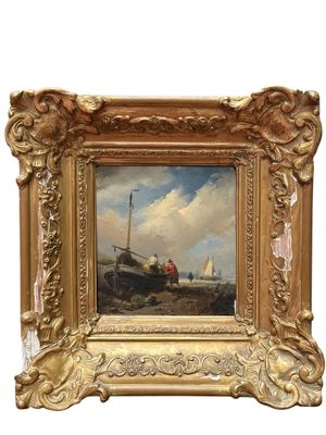 an oil painting of a boat in a body of water