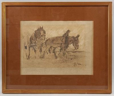 an image of a drawing of two horses pulling a cart