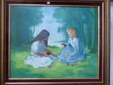 un tableau représentant deux jeunes filles assises dans l'herbe